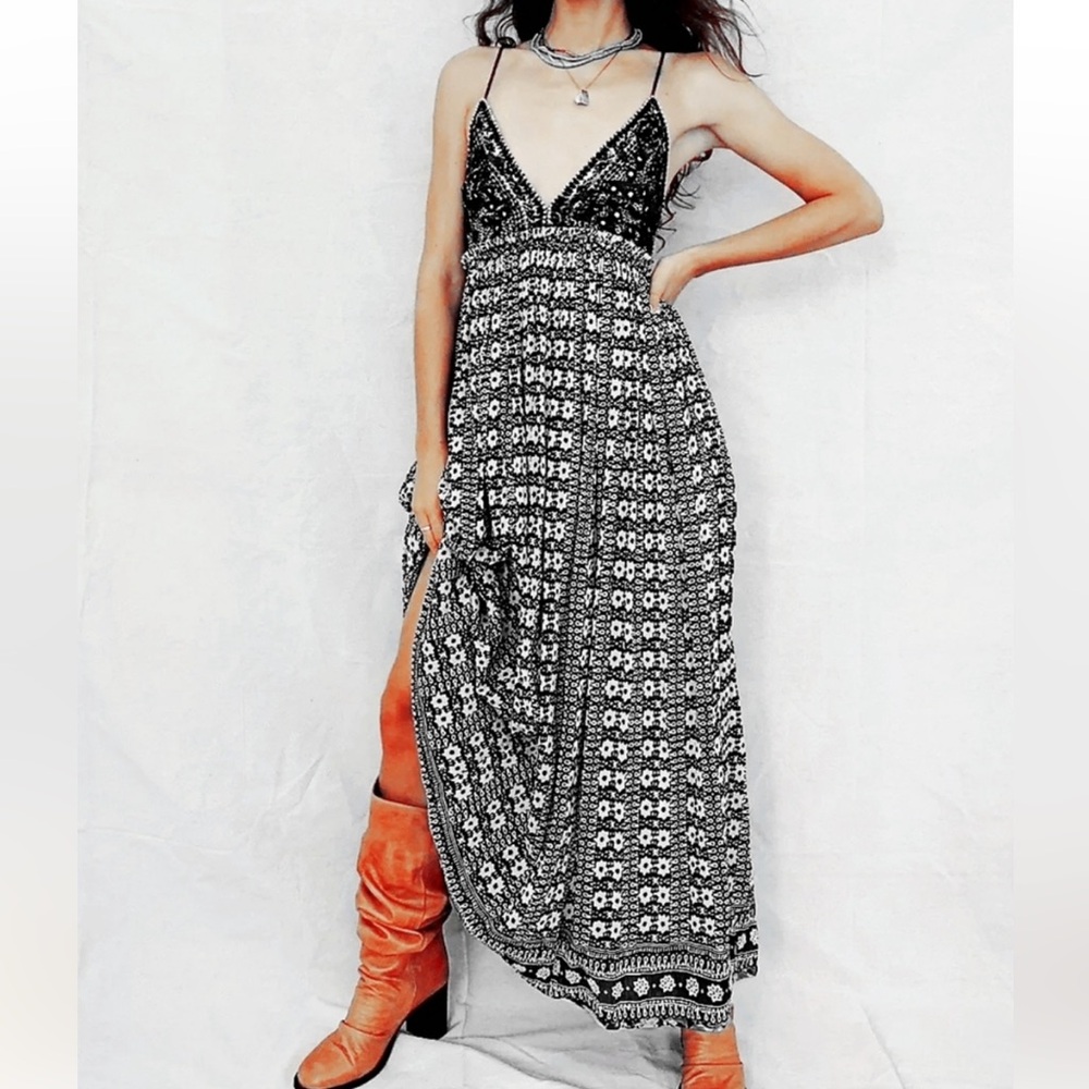 Free People Good Vibes Geometric Print Beaded Sequin Triangle Top Maxi Dress - Picture 5 of 16